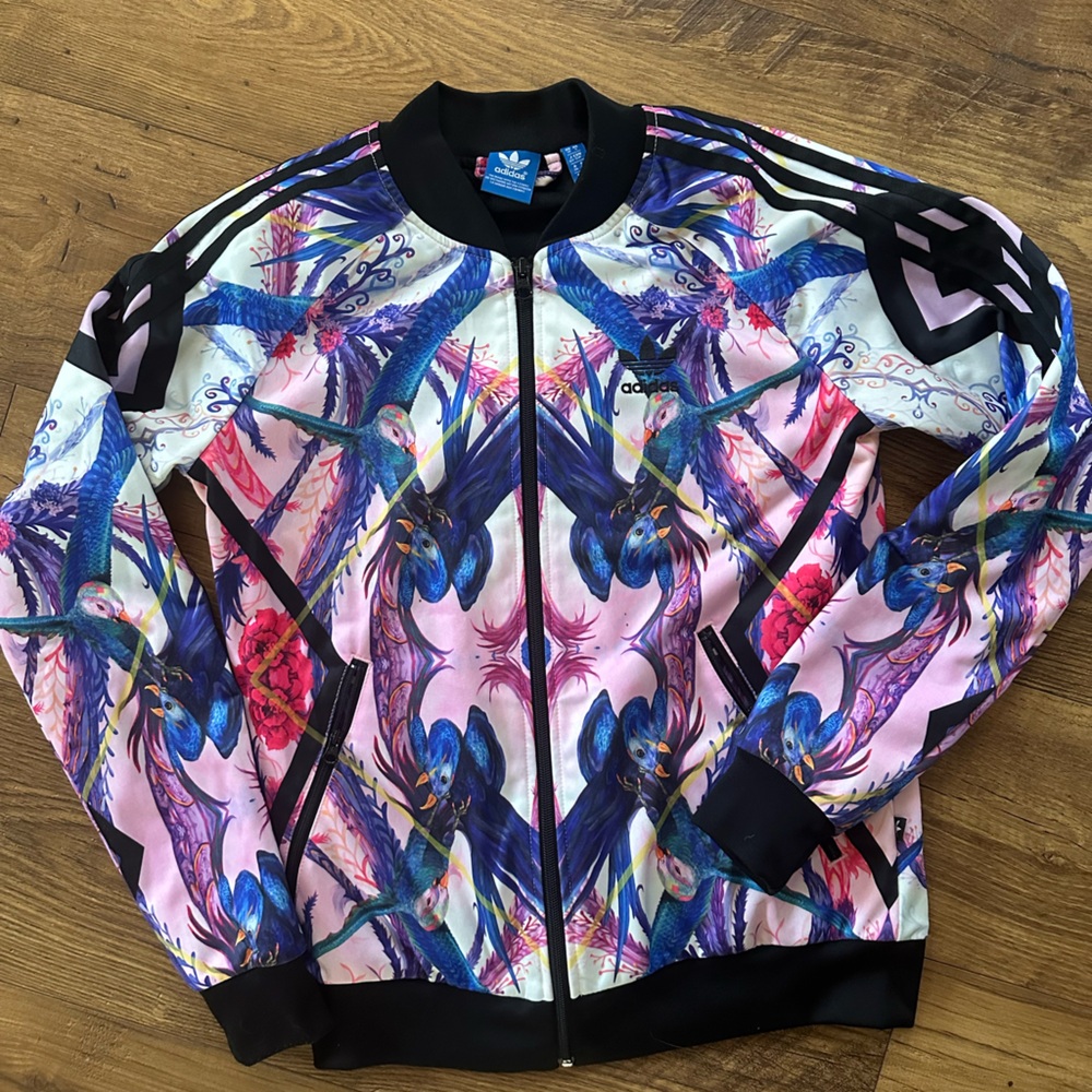 adidas original Pink & Blue Printed Track Jacket with Black Trim